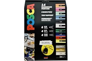 POSCA - Mitsubishi Pencil - Maxi Pack Multi-Pointes - 14 Marqueurs Peinture à Base d'Eau - Tout Support - Couleurs et Pointes Assorties - Pochon Offert