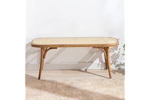 WAHSON OFFICE CHAIRS Wahson rattanowa ławka do jadalni, nowoczesna otomana z nogami z litego drewna, podnóżek, ławka kuchenna, do jadalni, przedpokoju, naturalne drewno