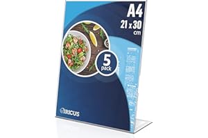 IRICUS 5 Pezzi Porta Menu da Tavolo A4 - Porta Poster Tavolo in Acrilico Plexiglass - A4 Plastica Porta avvisi da Tavolo per Ristoranti - Hotel - Negozio - Ufficio - Espositore Plexiglass A4