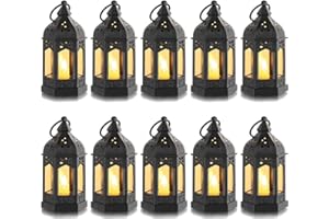 Small Lanterns with LED Candles Set of 10, Hewory Mini Black Gothic Lantern Vintage Decorative Hanging Garden Lantern for Outside Halloween Christmas Wedding Decorations Party Yard, Battery Included