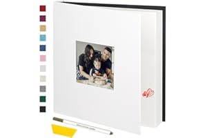 Miaikoe Photo Album Self Adhesive Scrapbook Album for 4x6 5x7 8x10 Pictures,60 Pages Linen Cover Album with Display Window DIY Book with A Metallic Pen and Scraper (White)