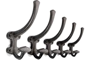 Ambipolar 5-Pack Cast Iron Heavy Duty Double Wall Hooks, Vintage Black Coat Hooks Wall Mounted for Mudroom, Hat Rack, Purse Hooks