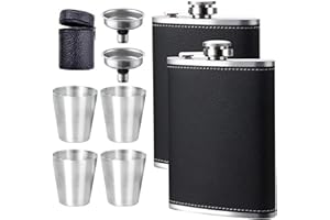 DALAETUS 2 Pezzi 8Oz Fiaschetta in Acciaio Inox Kit con 2 Imbuto Fondina e 4 Bicchieri Vino e 1 Custodia Pelle Cerniera, Fiaschetta, Fiaschetta Whisky per Aperto Campeggio Uomo Regalob