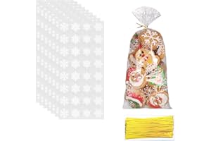 BINJCE 100 Pcs Sachet Biscuit Noel, 27 x 13 cm Sachets Transparents pour Biscuits Noël de Motif Flocon de Neige avec 100 Liens Torsadés pour Emballage Cadeau Biscuits Bonbons Chocolat