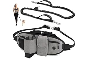 VOBUKE Laisse pour Chien Main Libre, Élastique Absorption de Choc Ceinture Chien Jogging avec Sac Banane Réglable Coutures Réfléchissante Laisse Chien Main Libre (Gris)