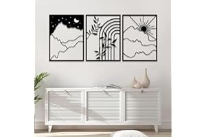 PDUODUO 3 Pcs Boho Sol y Luna Decoración de Pared de Metal Negro,Arte de Pared Abstracto de Metal,Decoración de Pared de Línea Bohemia para el Hogar Dormitorio Sala de Estar(15.7 * 11.8in)