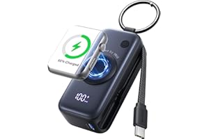 INIU Power Bank pour Apple Watch, 5000mAh Mini Chargeur Portable, Batterie Externe avec Câble Intégré, Mince Batterie avec Porte-clés et LCD pour iWatch 10/9/8/Ultra2/Ultra/SE, iPhone 16/15 etc