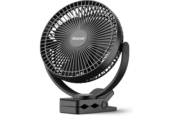 Koonie Ventilateur à Clip à Piles 10000 mAh 20CM, Ventilateur USB portable, 4 Vitesses, débit d'air puissant, Pince Robuste pour Bureau Personnel, Voiture de Golf, Voyage en plein air, Camping (Noir)
