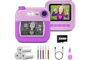 Macchina Fotografica Bambini Istantanea, GREENKINDER 1080P 2,4" Fotografica Bambini con 32GB Card, Fotocamera Istantanea Bambini con Rotoli Carta Stampa e Penne Colorate, Regalo per Bambini 3-12 Anni