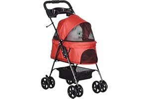 PawHut Poussette buggy pliable chien chat panier rangement porte-gobelets tissu 300D Oxford imperméable 4 roues rouge
