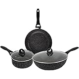 Re Cook Non Stick Saucepan Frying Pan and Saute Pan Set, Marble Collection Forged Aluminium Cookware with Glass Lid, Stainles