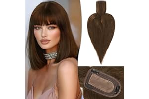 RUWISS Coiffeuse en cheveux humains avec franges Coiffeuse à couronne Postiches pour femmes perruque courte 7.5 * 13CM Base en soie 100% de vrais cheveux humains Clip in Topper 30cm 40g（Marron moyen）