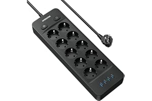 NVEESHOX Multiprise Electrique (16A/4000W), Multiprise 10 Prises avec 4 Ports USB, Bloc Multiprise Parafoudre et Surtension avec Interrupteur, Câble 2Mpour Maison Bureau,Noir