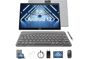Semeakoko Tablette Android 12 Tablette Tactile 10 Pouces 4 Go + 64 Go, Double Caméra, 2.4+5G WiFi Double Bande, Bluetooth 5.0, GPS, 2 en 1 PC Tablette avec Clavier, Souris sans Fil, Stylo, Étui