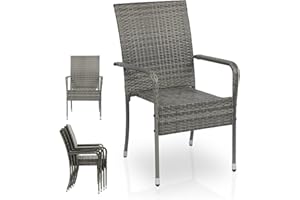 ‎JUSKYS Juskys Polyrattan Gartenstühle Yoro 4er Set mit Armlehnen & Rückenlehne - 4 Stühle stapelbar - Rattan Stuhl Garten - Stapelstuhl Grau-meliert