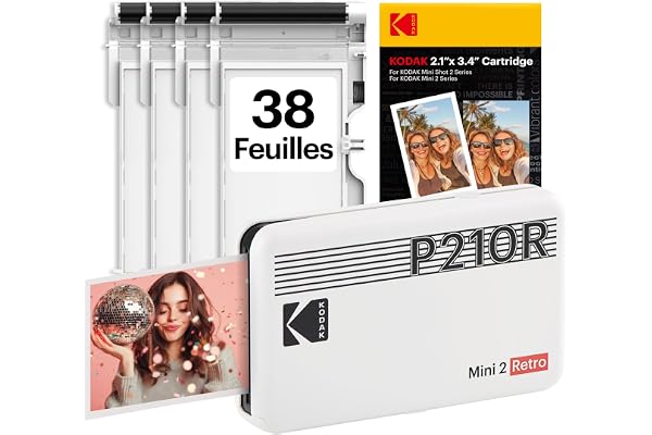 KODAK Mini 2 Retro Imprimante Photo 5,3 x 8,6 cm, 38 Feuilles, Imprimante Bluetooth pour iPhone & Android, Impression Couleur Instantanée, Sublimation 4PASS, Blanc