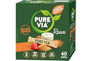 Pure Via - Roux - Sticks - Faible teneur en calorie, Zéro Sucre - 40 sticks - Alternative d'Origine Naturelle au Sucre Roux | 60g