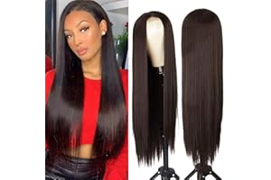 PORSMEER Peluca Marrón Oscuro Encaje Frontal para Mujer, Largo Recto Sedoso Lace Front Media Despedida Sintético Pelo Natural Pelucas para Halloween Cosplay Disfraz 24" (Color: 4#)