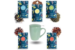 PRO DISTRI COMPTOIR FRANÇAIS DU THÉ | Assortiment de 5x20g de Thés et Infusions et sa Tisanière Vert d'eau | Cadeau Original pour un Anniversaire, la Saint-Valentin, la fête des Mères, Noël, les Maîtresses