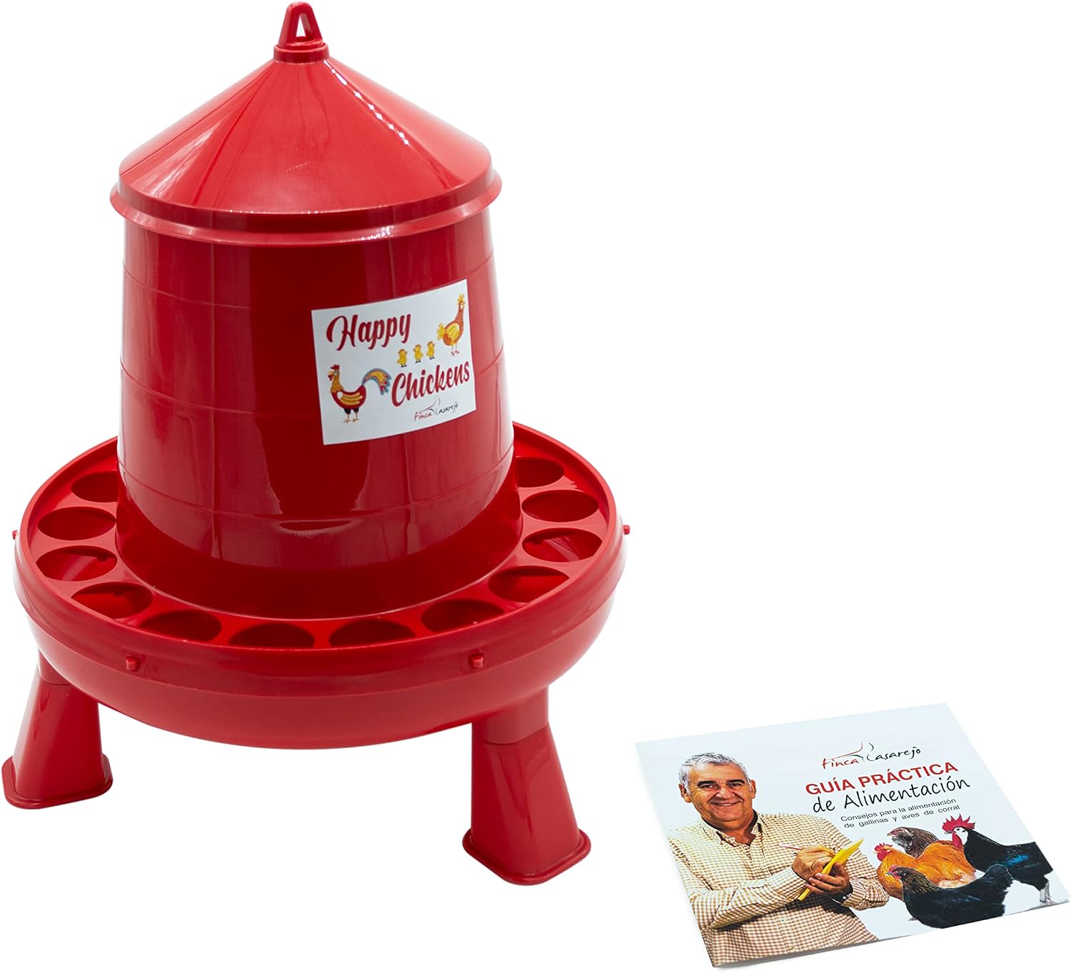 FINCA CASAREJO Comedero con Patas para Gallinas - Sistema Antidespilfarro - Tolva Happy Chickens 2kg - Plástico Resistente para conservar el alimento - Incluye Guía Práctica Alimentación de Gallinas
