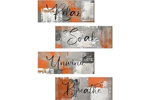 Maitys 4 Pcs Bathroom Wall Decor 10 x 4 Inch Bathroom Wall Art Contemporary Wood Bathroom Pictures for Wall Soak Unwind Relax Wall Sign Spa Rustic Vintage Farmhouse Wall Pediments (Orange)