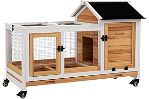 PawHut Wooden Rabbit Hutch with Wheels, Guinea Pig Cage, Small Animal House for Outdoor & Indoor with Slide-out Tray, 108 x 58 x 73.5cm, Yellow