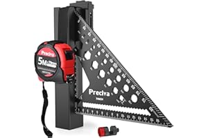 PRECIVA Escuadra Carpintero 180mm con Tope de Ángulo y Clip Cinturón, Cinta Métrica 5 M Incluida, Escuadra Triángulo de Aluminio 45°/90°, Guía de Marcado y Corte, Calibre Tuercas y Tacos