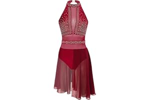 CHICTRY Women Girls Figure Ice Skating Dress Rhinestone Dance Competition Twirling Costume Gymnastic Leotard Skirt