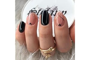 GlamRays Short Glue-On/Press On False Nails, Oval, Shiny, Black, Nude Pink with Gold, Glitter, Heart, Wave Line Design, Pack of 24