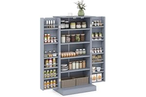 COSTWAY Kitchen Cupboard, Buffet Pantry Cabinet with Countertop, Doors, 17 Shelves & Guardrail, Space-saving Storage Organizer for Dining Living Room (Grey, 60x40x120cm)