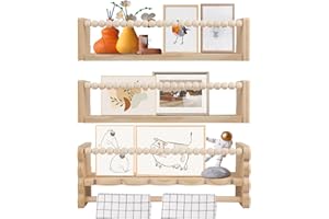 Neulriscn Nursery Book Shelves for Wall, 40cm Wooden Floating Book Shelves Set of 3, Wall Mounted Kids Bookshelf with Hanging Rail, Baby Nursery Decor Toy Display Storage Shelf for Kids Room, Bedroom