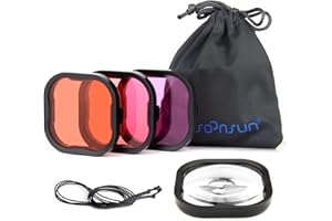 SOONSUN Lot de 4 filtres de plongée pour GoPro Hero 12 11 10 9 8 - Boîtier étanche officiel - Rouge, rouge clair, magenta, 5 filtres macro gros plan, correction de couleur pour photographie