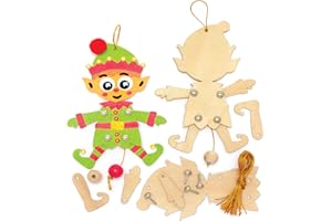 Baker Ross FE966 Marioneta Elfo Navideño de Madera - Paquete de 5, Haz tus Propias Marionetas de Madera, Marionetas para Niños, Manualidades de Madera para que los Niños las Monten y Decoren