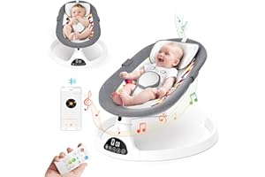 Brolteja Electric Baby Bouncer with Connect Blueteeth and Remote Control,Baby Swing Chair with 5 Swing Amplitudes 3-Stage Timer,12 Songs Toddler Soft Padded Newborn Bouncer(Remote Control)