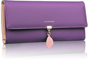 FT FUNTOR PU Leather Wallet for Women RFID Blocking Ladies Leaf Pendant Coin Zipper Long Purse with Multiple Card Slots and Card Holders Phone Pocket (L-Deep Purple)