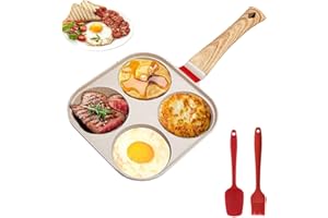 Gevvnss Padella Pancake Antiaderente,Padella Pancake Induzione 4 Fori,Mini Pancake con manico in legno,Pentola Pancake Piastra per Colazione Frittata Uova Fritte Hamburger per Induzione e Gas