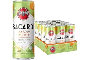 BACARDI BACARDÍ Mango Mojito, 5% ABV, 12 x 25cl / 250ml, Ready-To-Drink and Pre-Mixed Cocktail Can, Made with BACARDÍ Carta Blanca Rum and Mixed with Mango, Mint and Lime