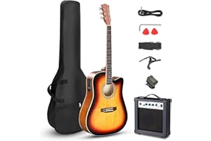 LALAHO 41 Inch Electric Acoustic Guitar with Amp, Full-Size Basswood Body Electro-Acoustic Guitars Kit for Beginners W/Bag, Strap, Tuner and Capo All Accessories Included, Sunset