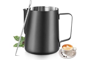 SHOWVIGOR Milk Frothing Pitcher - 12oz/350ml Milk Frother Cup Stainless Steel Jug Steaming Pitcher, Milk Coffee Cappuccino Latte Art Barista Steam Pitchers Milk Jug Cup with Decorating Pen【Black】