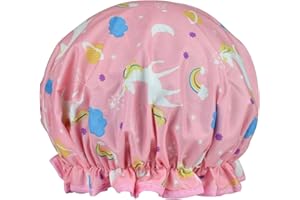 MELTU 1 Pack Shower Cap for Women, Oil-proof Caps, Double Layers Waterproof Reusable Bath Caps With Ruffled Edge Covering for Girls, Women, Ladies, Kids (Pink Unicorn)