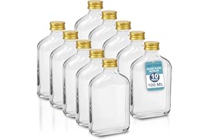 HEFTMAN Flask Small Glass Bottles - 10 Pack 100ml Glass Bottles with Lids, Empty, Airtight, Reusable 100ml Bottle - Perfect for Gin, Wine, Vinegar, Homemade Beverages, Sauces, Décor
