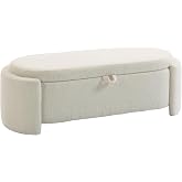 HOMCOM Banc de Rangement Bout de Lit Ovale 200 Kg 129 x 48,5 x 44 cm Crème | Repose-Pieds Rembourré en Polaire Teddy, Assise