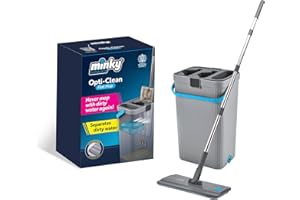 Minky Opti-Clean Flat Mop, Dual Cavity 2L Bucket with Sturdy Handle, Reusable Powerful Microfibre Pad, Flat Mop and Buckets Sets, Machine Washable