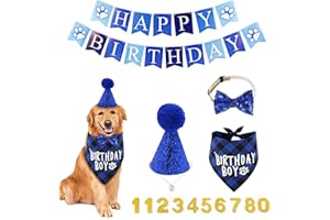 AOT Dog Birthday Party Supplies Plaid Cute Doggy Bandana Set with Happy Birthday Banner Cap Bowtie Birthday Number Puppy Birthday Outfits for Small Medium Dogs Pets