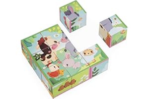 Janod - Puzzle Cubes Enfant et Bébé en Carton - Thème Ferme - 9 Cubes et 6 Puzzles Possibles - Jouet d'Eveil et Premier Age - Apprentissage Motricité Fine - Peinture à l'eau - Dès 2 Ans, J03329