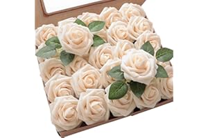 Ancokig Lot de 25 Roses artificielles en Mousse au Toucher réaliste pour décoration de Mariage, Demoiselle d'honneur, Bouquets de Table, décoration de fête, décoration de Maison (Champagne)