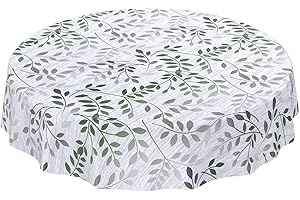 ANRO Mantel de hule lavable, redondo, ovalado, rectangular, para interior y exterior, hojas, plateado/verde, redondo, 120 cm