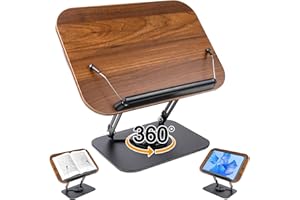 QGGTQG Atril para libros, soporte de lectura de madera, ajustable, para leer, con base giratoria de 360°, plegable, con clip lateral para revistas, recetas, tabletas, ordenadores portátiles
