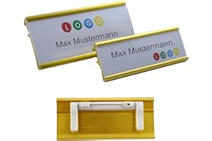 SCHMALZ 1 Pezzo Alluminio Nome Color Oro Anodizzato in Metallo,Misura 65x22 mm o 72x32 mm,Ago / Clip-Fissaggio,Name Badge ,per Abbigliamento,Auto-Scrivibile,Auto-Allestimento Cartellini-Nome con / Clip Lega