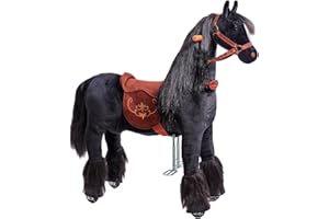 PONNIE Reitpferd mit Rollen Ebony M (5-12 Jahre), Spielpferd zum Reiten mit Abnehmbarer Braun Sattel und Halfter mit Zaumzeug, Kämmbare Mähne und Schwanz, Plüschpferd zum Reiten für Kinder